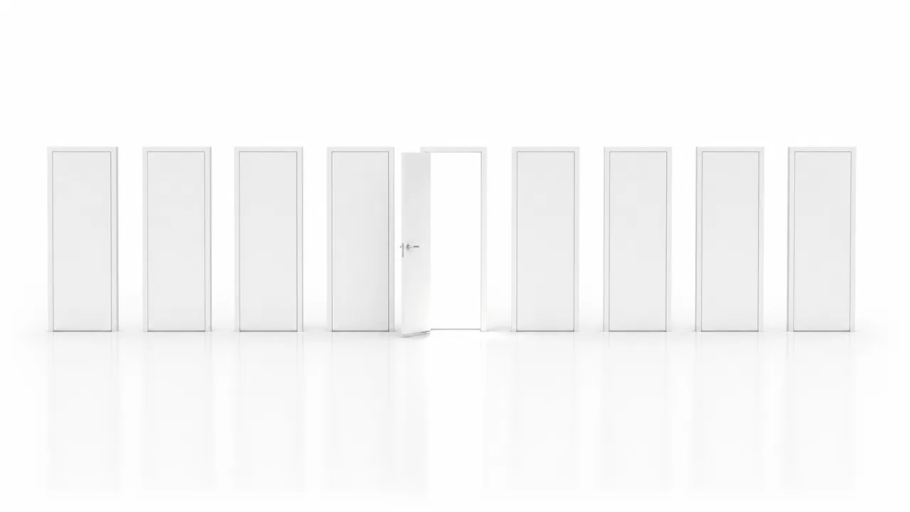 Nine tall white doors standing in a row, eight of them shut and one open, with light on the floor.