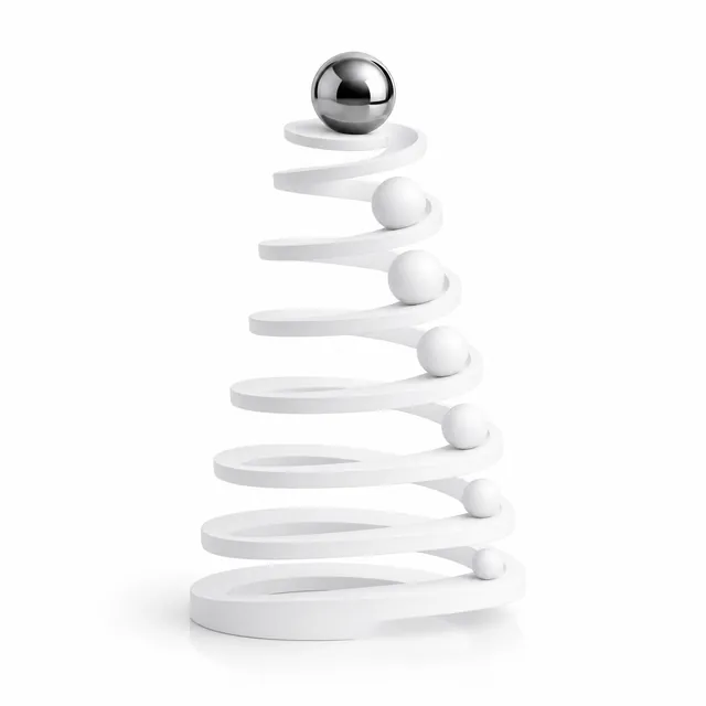 A white spiral ramp coiling upward, the spheres along it growing larger as it rises, the topmost one chrome.