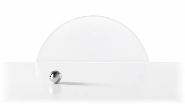 A flat white plane meeting a clean horizon, a large frosted-glass arc rising beyond it and one chrome sphere in the foreground.