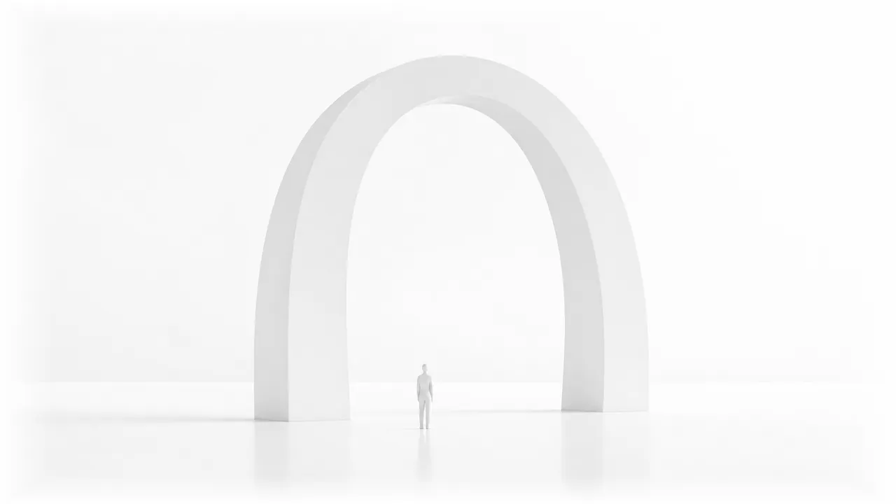 An immense white arch standing on a white plane, with one small white figure at its foot and open ground beyond it.