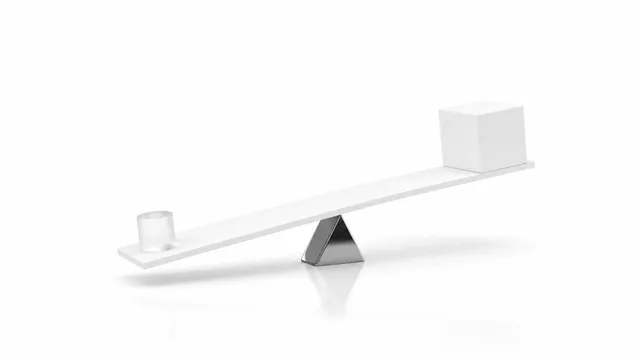 A long white lever resting on a chrome fulcrum, its far end lifting a large white cube clear of the ground.