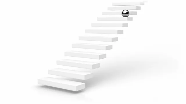 A flight of clean white treads rising out of the frame, with one chrome sphere resting on an upper tread.