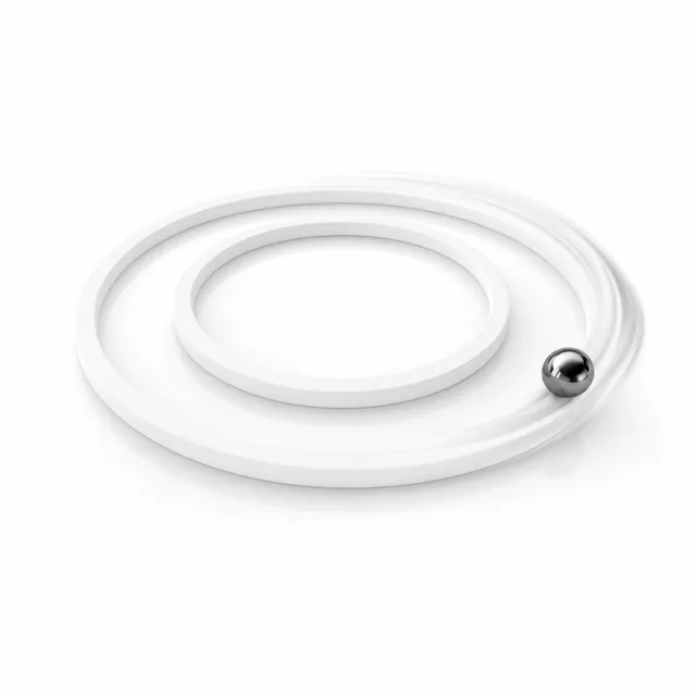 A white-studio render: three concentric white rings lying at an angle, with one chrome sphere sweeping around the outermost ring behind a glass trail.