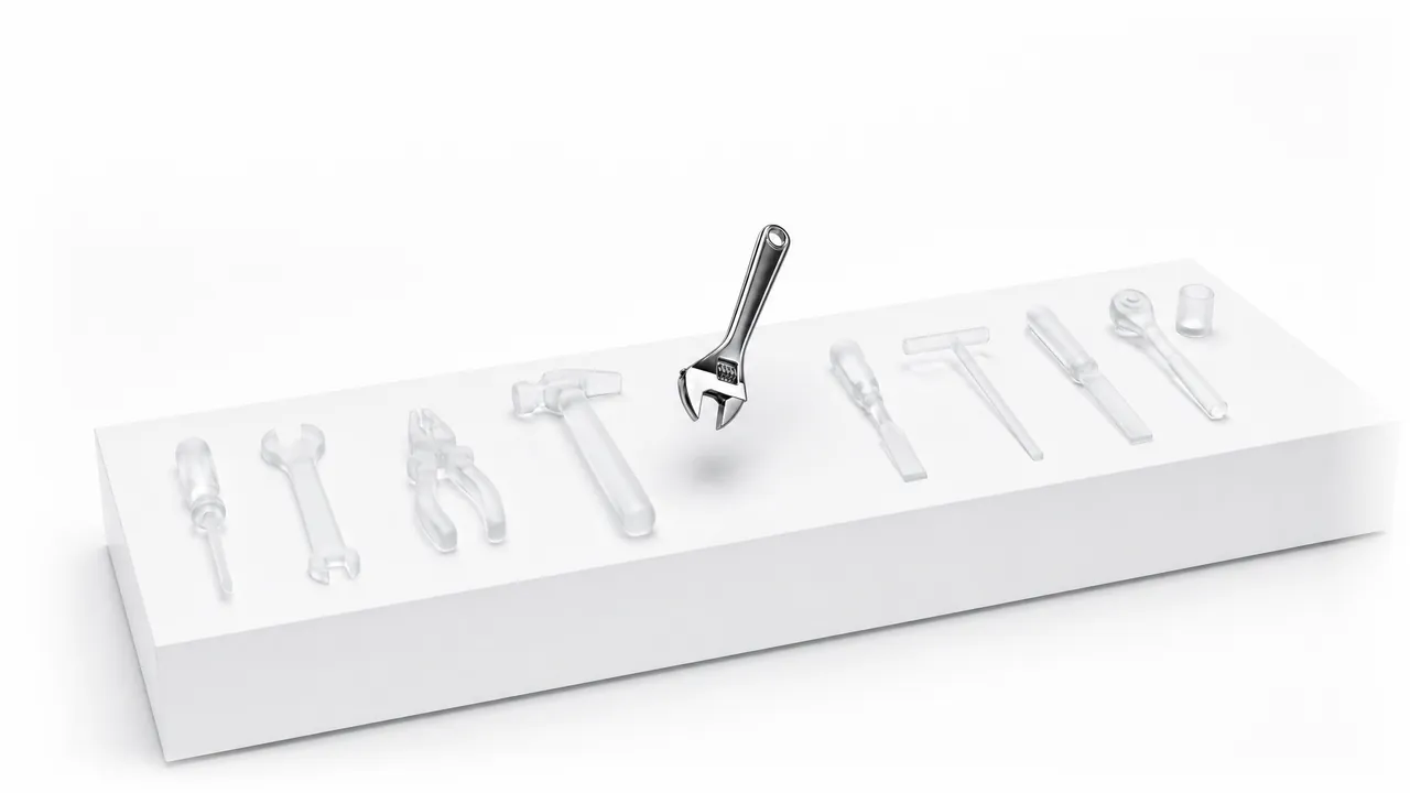 A long white workbench with frosted-glass hand tools laid out in order, and one chrome tool lifted in mid-use.